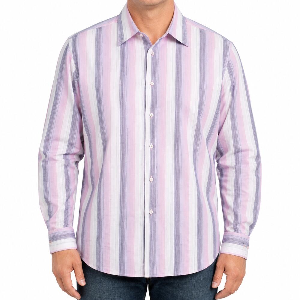 Hugo Boss Shirt Mens XL Pink Purple White Striped Long Sleeve Button Up Cotton